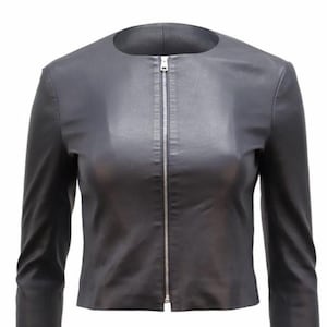 Veste en cuir ajustée et sans col pour femme | Veste d'hiver décontractée style motard, cadeaux faits main pour femme