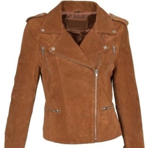 Womens Suede Leather Jacket | Brown BIKER Suede Leather Jacket | Trucker SUEDE Leather Jacket | Cowgirls Jacket - Tan Brown