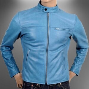 Men&#39;s Lambskin BLUE Leather Jacket | Handmade Slim Fit BIKER Jacket | Leather Winter Jacket, Stylish Fashion Leather Jacket, Gift Fr Him
