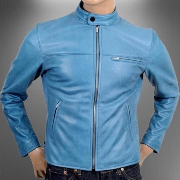 Men's Lambskin BLUE Leather Jacket | Handmade Slim Fit BIKER Jacket | Leather Winter Jacket, Stylish Fashion Leather Jacket, Gift Fr Him