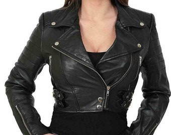 May include: Black leather cropped motorcycle jacket with a zipper closure and a belt detail at the waist.