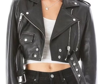 Womens Crop Leather Jacket BLACK | CROPPED Motorcycle Bolero Shrug Leather Jacket | Celebrity FASHION Jacket | Party Outfit Short Jacket