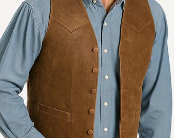 Mens Brown VEST COAT Soft Lambskin Leather Jacket, Men's Distressed Brown Leather Vest, Retro Cowboy Style Waistcoat, Leather Vest Men,