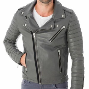 Mens Genuine Leather Biker Jacket Grey | Vintage Gray