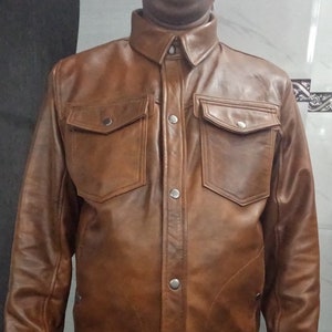 Mens Lambskin Antique BROWN Leather Shirt | Handmade Slim Fit Distress Brown TRUCKER Leather Jacket | Sheep Leather Shirt Gift For Mens