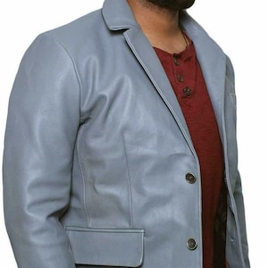 Mens GREY Leather Blazer, Meeting Wear FORMAL Leather Blazer, Slim Fit Wedding Leather Coat, Celebrity BLAZER Gift For Christmas - Gray