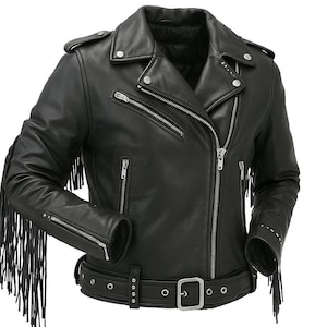 Męska czarna kurtka skórzana z frędzlami Lambskin | Kurtka skórzana motocyklowa ze zwężanymi ćwiekami | Kurtka z frędzlami, prezent świąteczny | Kurtka na imprezę gwiazd