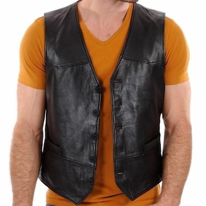 Men&#39;s BLACK V-Neck Real Sheepskin LEATHER Waist Coat, Handmade Sleeveless Vintage Style Fashion VEST, Cropped Button Closure Leather Vest