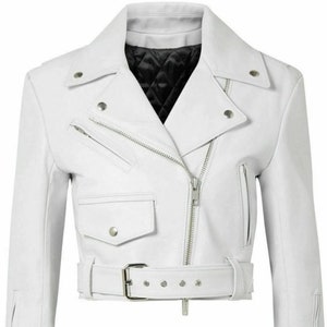 Womens WHITE Crop Leather Jacket | Slim Fit Cropped Motor Bolero Shrug Biker Jacket With Belted | Long Sleeves Beautiful Look Gift For Her