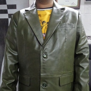 Mens Olive Green Leather Blazer | Meeting Wear FORMAL Leather Blazer | Slim Fit Wedding Leather Coat | Celebrity BLAZER Gift - Olive Green