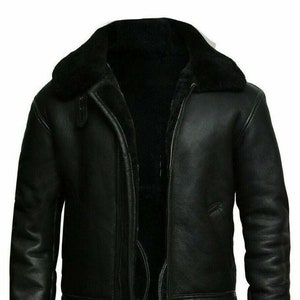 Mens Lambskin BLACK Leather Jacket, Handmade Shearling faux FUR Collar Leather Jacket With Zipper, Celebrity Sheep Leather Jacket Black