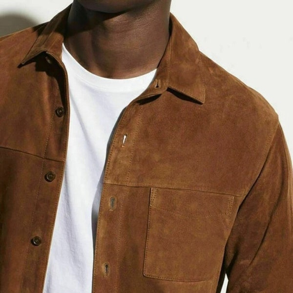 Mens Lambskin TAN Brown Suede Leather SHIRT | Slim Fit TRUCKER Style Suede Shirt | Cowboy Suede Jacket With Pocket | Celebrity Suede Shirt