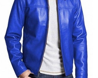 NOORI Men's Lambskin BLUE Leather Jacket | Handmade Slim Fit Shirt Style Jacket | Western Casual Party Jacket