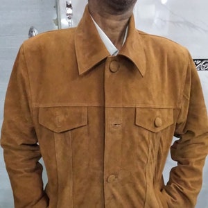 Men&#39;s Button Down Suede Leather Jacket | Handmade Goatskin Brown Suede Biker Jacket | Bomber Jacket | DENIM Style Suede TRUCKER Jacket