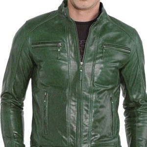 NOORI Men's Dark GREEN Leather Jacket | Slim Fit Real Biker Leather Jacket | Stylish Outwear Band COLLARED Jacket With Multi Zipper Pocket |