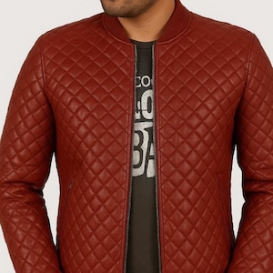 Genuine Lambskin RED Mens Leather Jacket BOMBER | Stylish Motorcycle slim fit Biker Leather Jacket | Diamond QUILTED Pattern Leather Jacket
