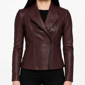 Women&#39;s BURGUNDY Leather Jacket, Womens Burgundy Moto Jacket, Handmade Vintage Style Jacket Fully Lined with Polyester, Maroon Bikers Jacket