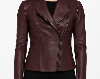 Damvinröd skinnjacka, Damvinröd motojacka, Handgjord jacka i vintagestil, helfodrad med polyester, Rödbrun bikerjacka
