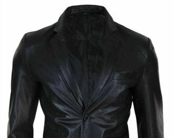 Mens BLACK Leather Blazer | Slim Fit FORMAL Leather Blazer | Lambskin Leather Coat | Celebrity Leather BLAZER | Wedding Blazer Gift For Him