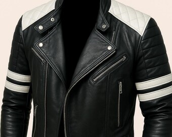 NOORI Men's Genuine Lambskin Leather Bi Color Jacket | Black & White Handmade QUILTED With White Stripes Jacket | Stylish Clubbing Jacket |