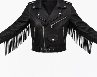 Noorani Womens BLACK Leather Jacket | Stylish Motor Biker FRINGE