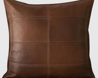 LAMBSKIN LEATHER PILLOW Cover | Square Shape Leather Cover | Antique Brown Luxury Case Cover | Decorative Sofa Real Leather Cushion Cover  |