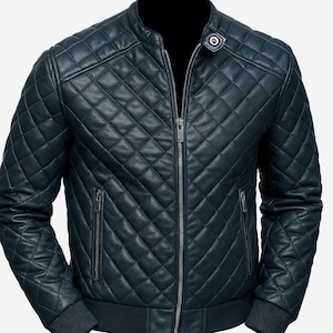Echte Lambskin Navy BLUE Lederjacke für Herren | Slim Fit abgesteppte Lederjacke | Biker BOMBER Lederjacke | Kugelfisch Lederjacke Herren