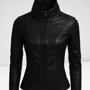 Giacca in pelle NERA da donna NOORI / Giacca con collo alto e cerniera / Giacca da motociclista in pelle di agnello / Giacca per ragazze, regalo per il suo compleanno /