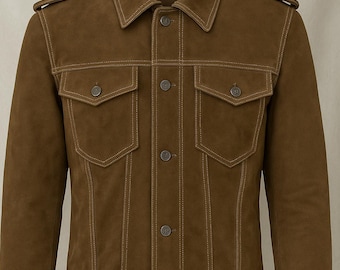 May include: A brown suede jacket with a button-up front and two flap pockets. The jacket has a classic denim style with a slightly cropped fit.