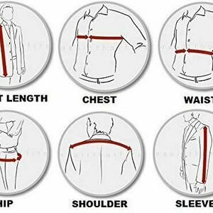 May include: Diagram showing how to measure different parts of a garment, including front length, chest, waist, hip, shoulder, and sleeves.