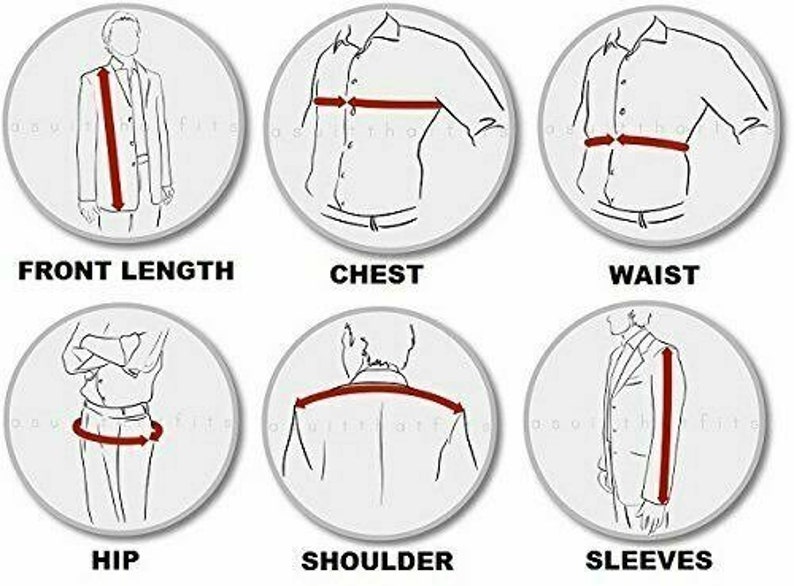 May include: Diagram showing how to measure different parts of a garment, including front length, chest, waist, hip, shoulder, and sleeves.