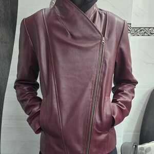 Women's BURGUNDY Leather Jacket, Womens Burgundy Moto Jacket, Handmade Vintage Style Jacket Fully Lined with Polyester, Maroon Bikers Jacket image 7