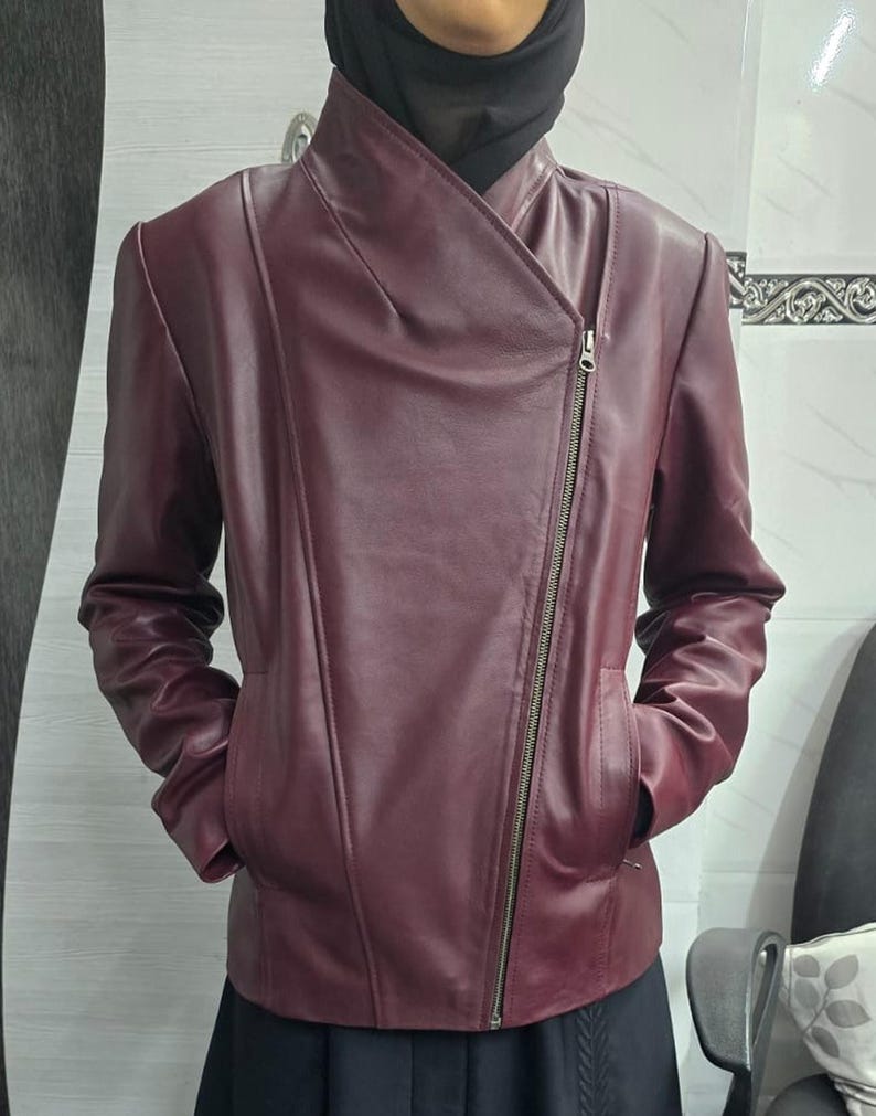 Women's BURGUNDY Leather Jacket, Womens Burgundy Moto Jacket, Handmade Vintage Style Jacket Fully Lined with Polyester, Maroon Bikers Jacket image 7