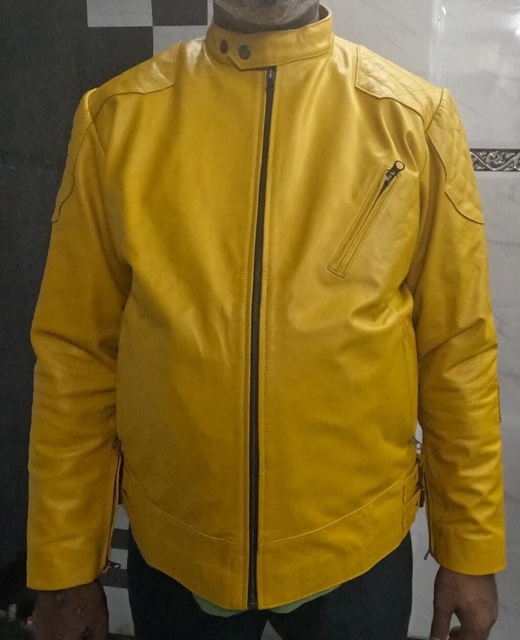 NOORI Mens YELLOW Leather Jacket | Real Leather Moto Jacket