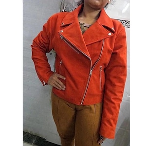 Womens ORANGE SUEDE Leather Jackets, Motorcycle FASHION Suede Jacket, Ladies Suede Biker Leather Jacket For Winter Outfit, Halloween Gifts
