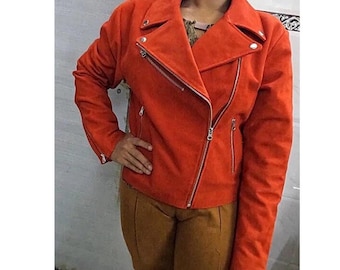 ジャケット・アウター 5 Anniversary Leather Jacket orange Women's Biker Orange Lapel Collar Loose Smooth Crossover