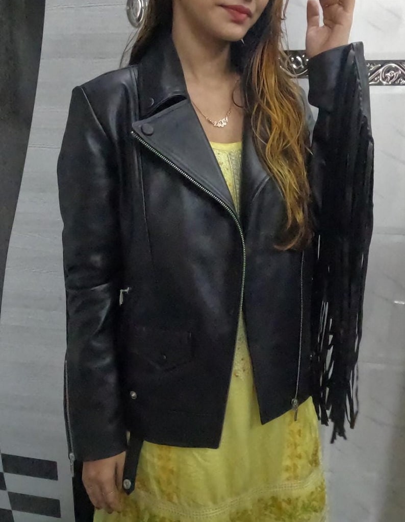 Women's FRINGE Jacket Leather BLACK Real Leather Fringed Etsy