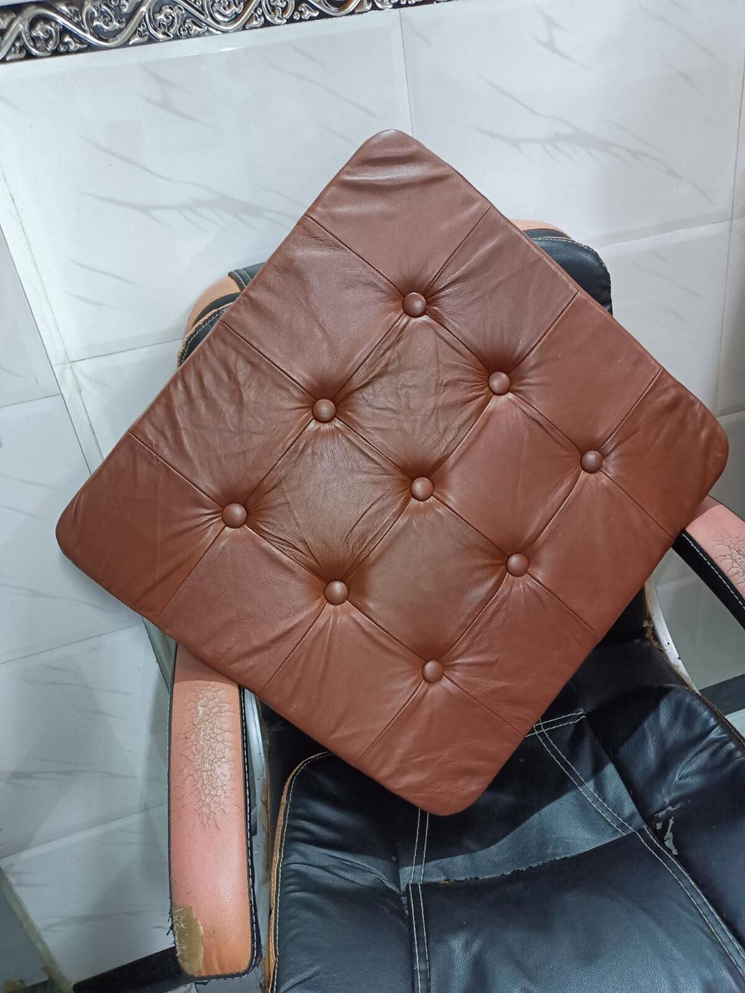 Lambskin Dark TAN Leather Chair Pad Ties Cushion With Insert Leather