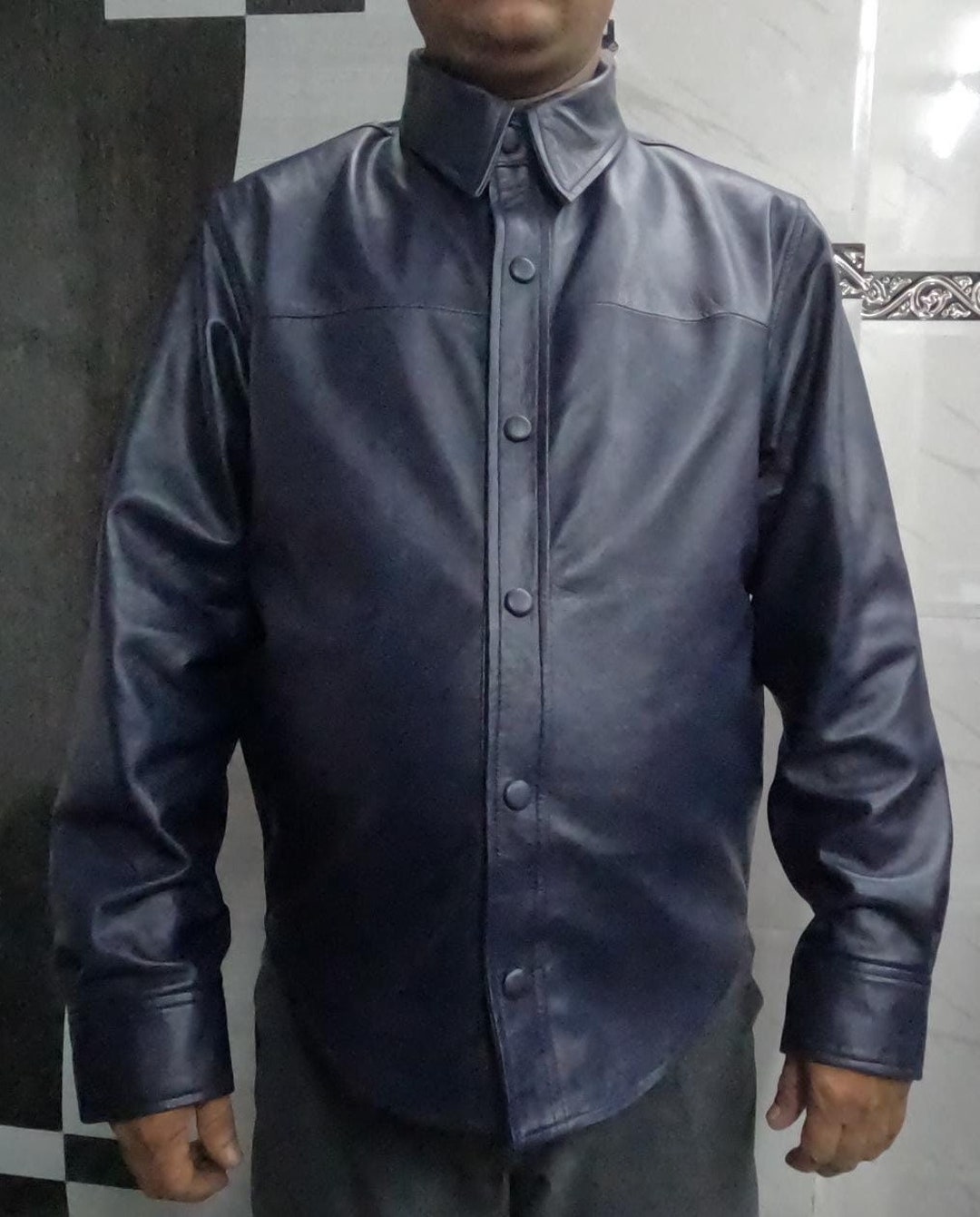 GENUINE Blue Lambskin Leather Shirt
