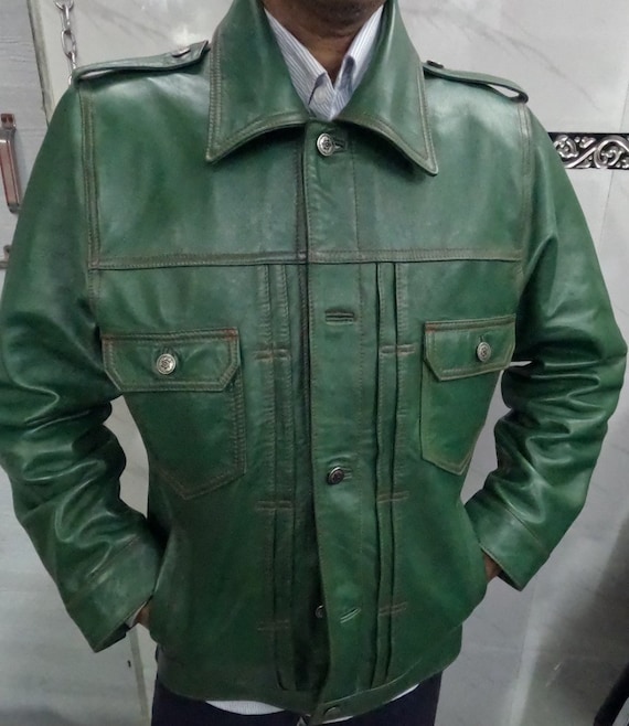 Noori Mens GREEN Leather SHIRT | Slim Fit TRUCKER Style Leather Jacket | Handmade Real Biker Leather Shirt For Mens | Christmas Gift