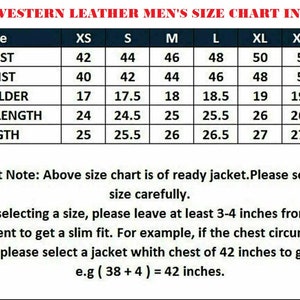May include: A size chart for western leather jackets in inches. The chart shows measurements for chest, waist, shoulder, sleeve length, and length in sizes XS to XXXL.