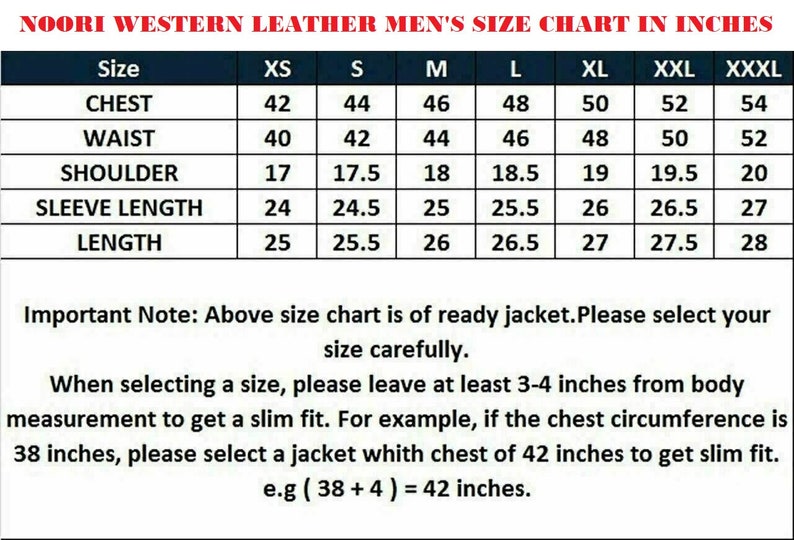 May include: A size chart for western leather jackets in inches. The chart shows measurements for chest, waist, shoulder, sleeve length, and length in sizes XS to XXXL.