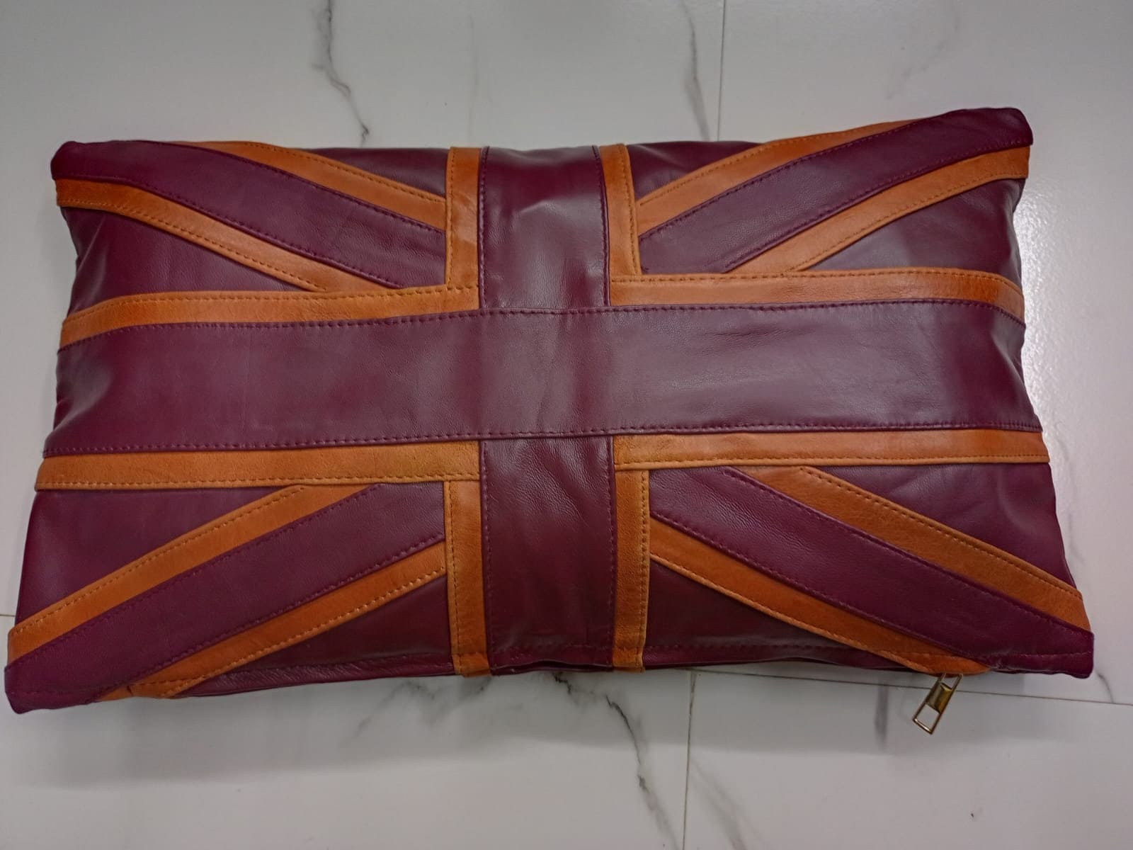 Lambskin Leather Cushion Cover Burgundy & Tan Rectangle UNION JACK American Flag Decorative Throw Cover, Accent Leather Pillow Cover