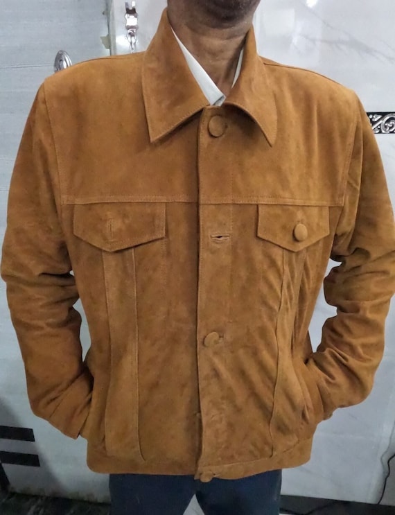 Men's Button Down Suede Leather Jacket | Handmade Goatskin Brown Suede Biker Jacket | Bomber Jacket | DENIM Style Suede TRUCKER Jacket