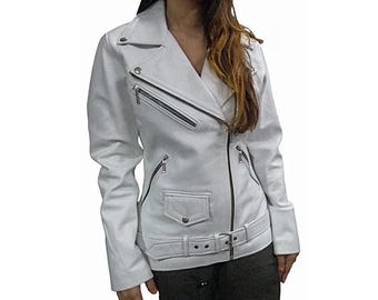 Noori Lambskin WHITE Leather Jacket | Slim Fit Belted BIKER Leather Jacket | Genuine SHEEPSKIN Leather Jacket Special Winter Gift For Her