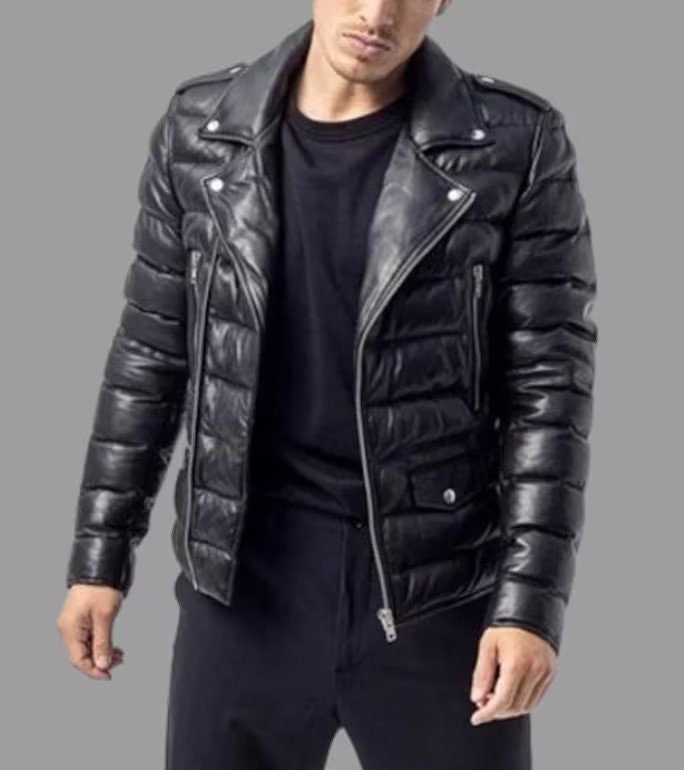 Mens Lambskin Black Puffer Leather Jacket Slim Fit Quilted - Etsy