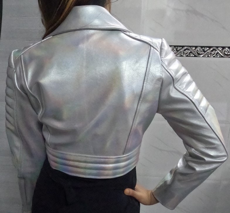 Womens Metallic Silver Short Body Cropped Motorcycle Foiled Leather Biker  Jacket