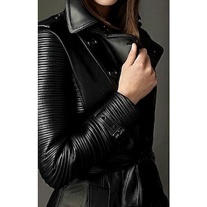 Womens Real Leather TRENCH Coat, Ladies Long Coat, Black Leather Trench Coat Fr Women, PARKA Leather Celebrity MIDI Overcoat, Christmas Gift