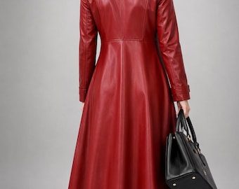 Women's RED Lambskin Leather TRENCH COAT, Handmade Leather Long