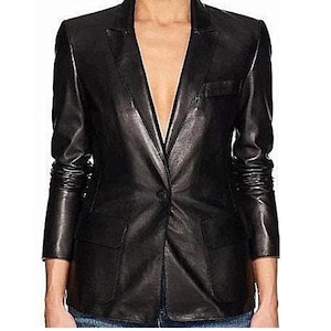 Womens BLACK LEATHER BLAZER | Stylish One Button Closure Fashion Wear Blazers | Formal Wear Blazer Coat | Celebrity Blazer with Notch Collar